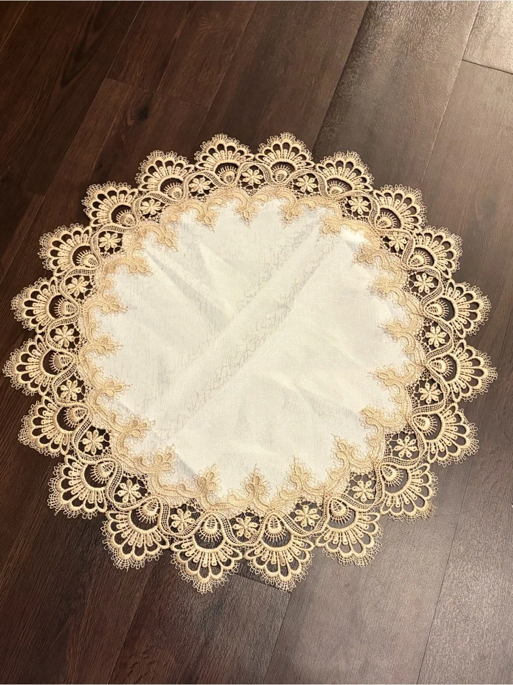 Elegant Cream Lace Round Table Mat with Gold Embroidery